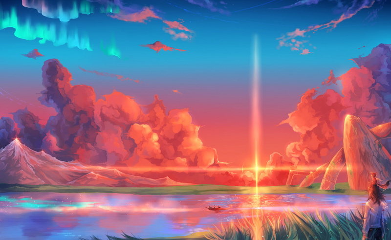 fan art, sea, illustration, 1080P, boat, nature, clouds, painting, anime girls, sky, landscape, colorful