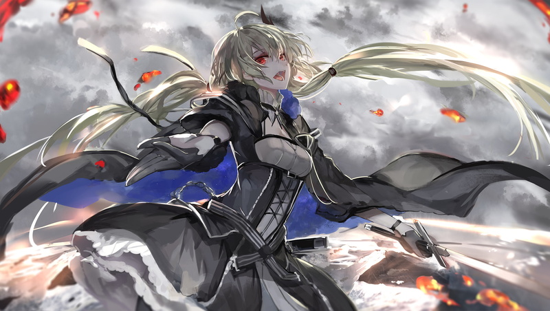 weapon, vampires, sky, red eyes, anime, Armeechef, maiden, 1080P, The Sword, Pixiv Fantasia: Fallen Kings, clouds, anime girls, blonde