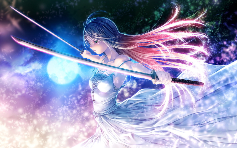 Katana, 1080P, Pixiv Fantasia, Long Hair, Green Eyes, White Hair, Anime, Girl, White Dress, Woman Warrior, Sword
