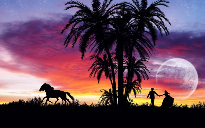 silhouette, loves, 3d and abstract, horse, young, trees, love, couple, 1080P, dream, sky, fantasy