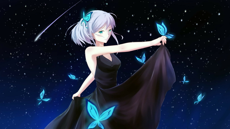 dancing, hair, women, black background, night, butterflies, anime, beautiful woman, standing, lifestyles, studio shot, clothing, adult, hairstyle, blue