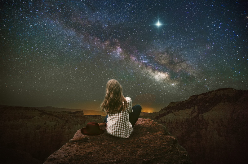 milky way, 2K, stars, nature, atmospheric, scenics - nature, women, mountains, balcony, rock, galaxy, beauty in nature, sky, landscape, dream landscape