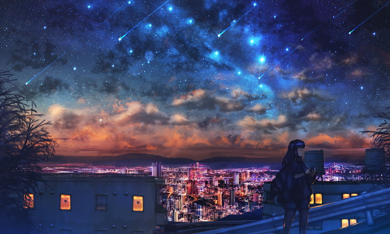 Starry Sky, 1080P, Anime, Original, Girl, Shooting Star, City