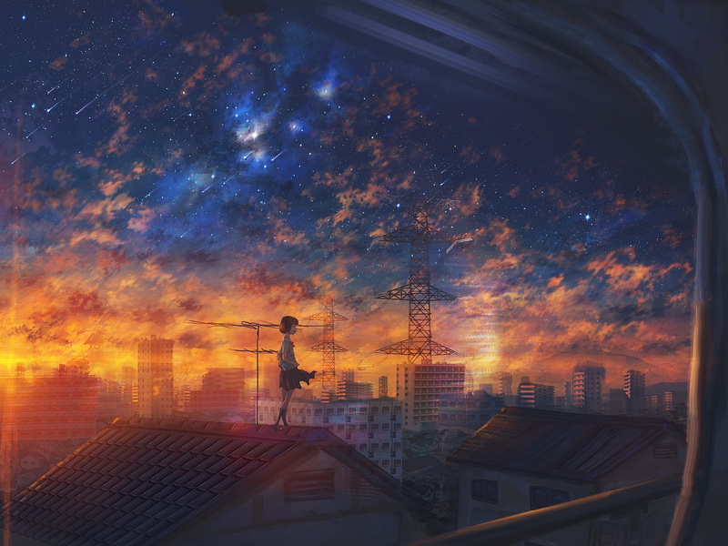 Anime, Original, Sunset, Girl, City, Shooting Star, Starry Sky, 1080P