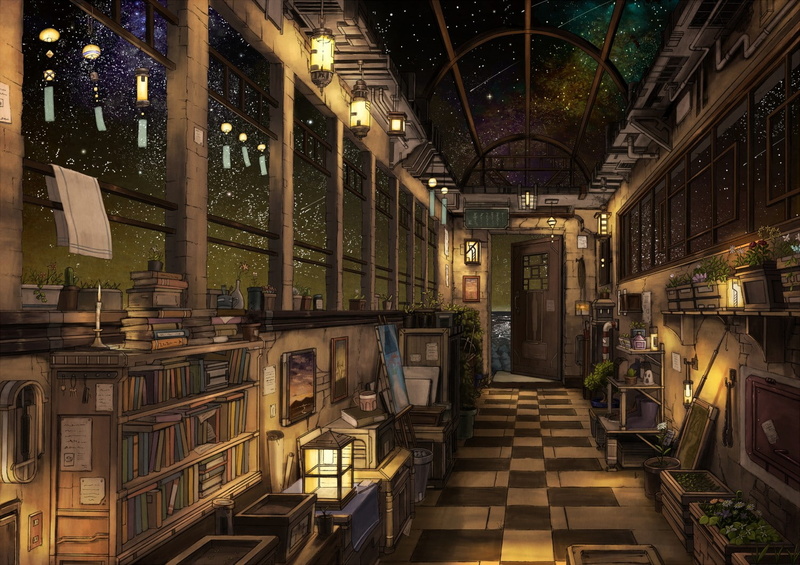 artwork, interior, 720P, anime, stars, night, checkered, books, shooting stars, fantasy art