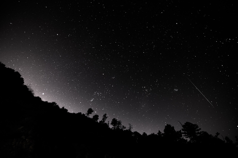 trees, landscape, mountains, night, 5K, shooting stars, starry night, stars