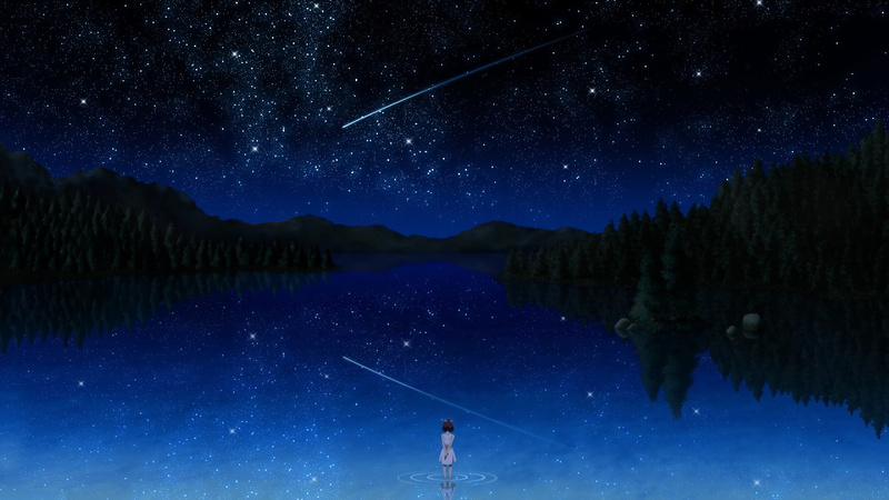 1080P, girl, anime, shooting, comet, night, star, lake, trees, asteroid, reflection, watching, cartoon/comic, hd, stars