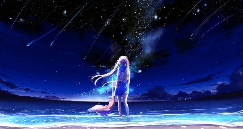 shooting stars, outdoors, night, full length, astronomy, sky, laser, blurred motion, animated, 4K, motion, illustration, water, one person, blue, illuminated