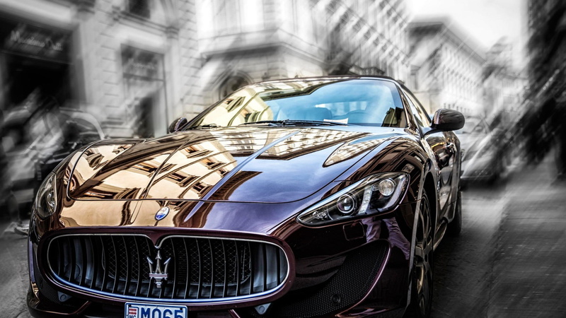 coupe, focus on foreground, land vehicle, day, maroon, italian cars, Maserati GranTurismo, reflection, headlight, Maserati, stationary, architecture, built structure