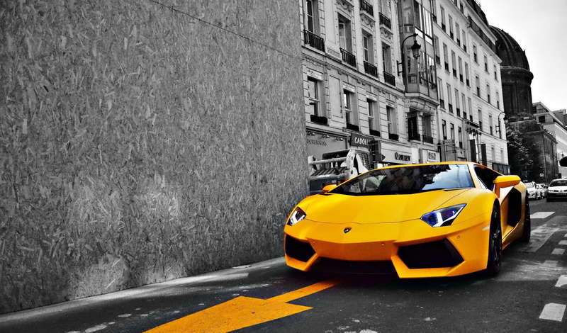 building exterior, mode of transportation, public transportation, taxi, outdoors, isolated color, street, gallardo, land vehicle, Lamborghini, 1080P, selective coloring
