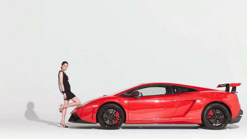 sports car, Lamborghini Gallardo, Masami Nagasawa, full length, contemplation, standing, women, side view, one person, white background, copy space, land vehicle