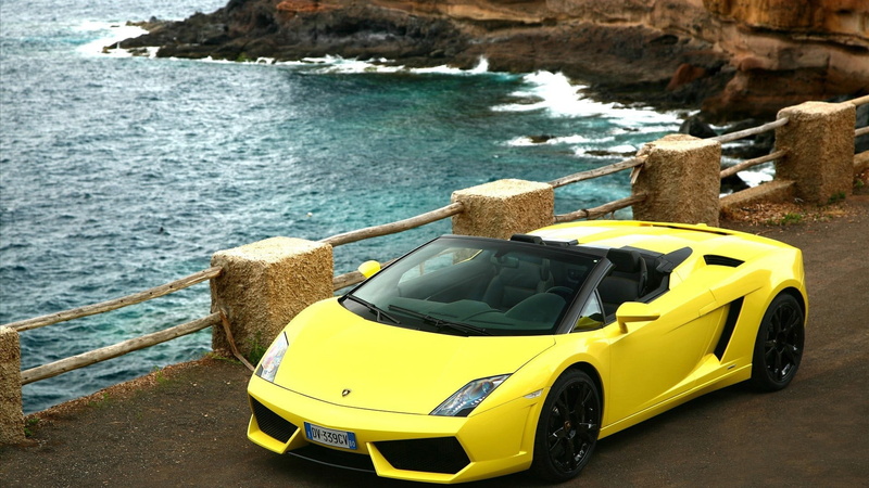 nautical vessel, civic, rock, Lamborghini Gallardo, nature, 1080P, Super Car , sunlight, yellow cars, outdoors, car, honda, yellow, day, sea, mode of transportation