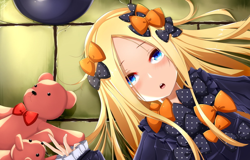 The destiny of a great campaign, Teddy bears, art, bears, anime, girl, toys, Abigail Williams, 2K, Foreigner, Fate Grand Order