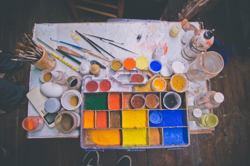 craft, no people, messy, art and craft, collection, creativity, art, colors, indoors, large group of objects, paintbrush, paint, multi colored, palette