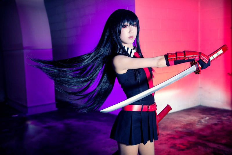 long hair, young adult, 1080P, clothing, brunette, dress, fashion, women, Akame, cosplay, adult, beauty, lifestyles, Akame ga Kill!, red eyes, hairstyle