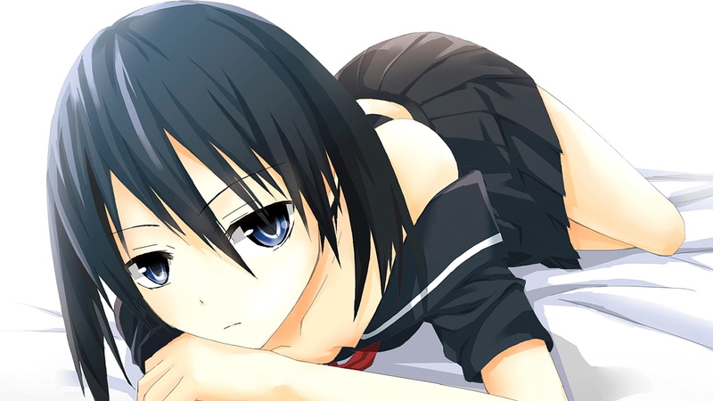 looking at viewer, anime girls, 1080P, brunette, Kurome, sadness, anime, blue eyes, short hair, Akame ga Kill!, in bed