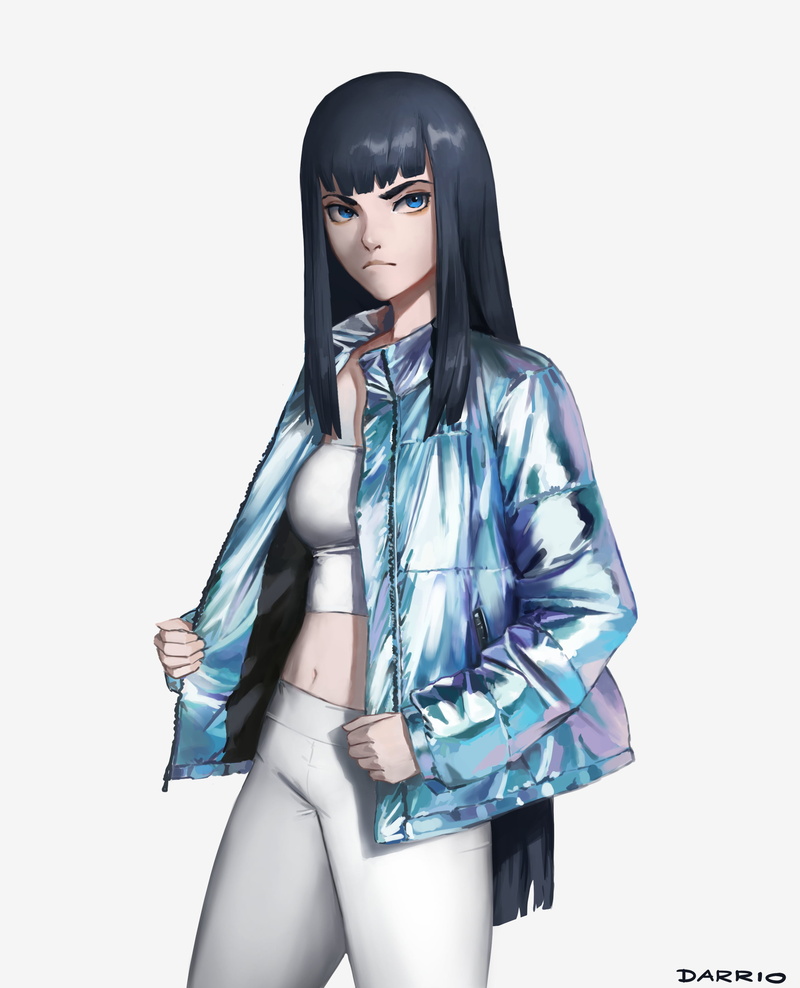 simple background, anime girls, looking at viewer, blue jacket, long hair, Kiryuin Satsuki, belly, alternate costume, Darrio, artwork, vertical, solo, white tank top