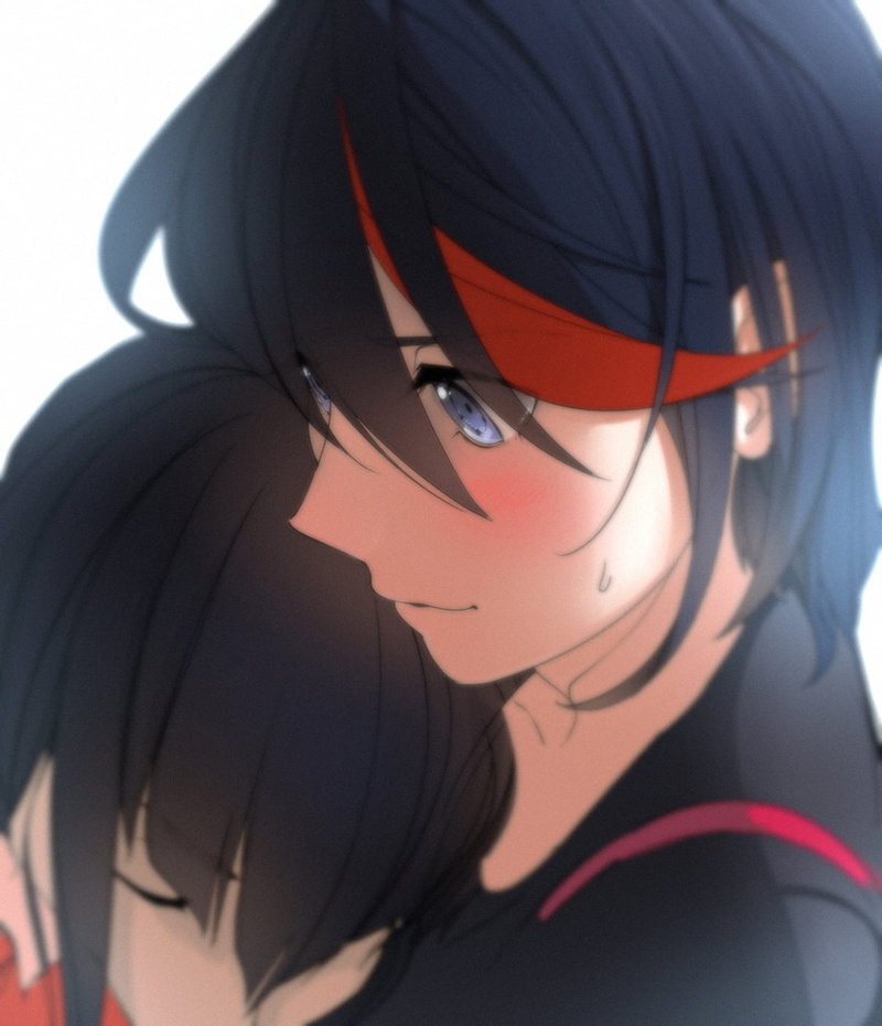 redhead, blue eyes, Senketsu, black hair, smiling, blushing, 2D, yuri, looking away, short hair, blurred, sisters, sweatdrop, anime girls, Matoi Ryuuko