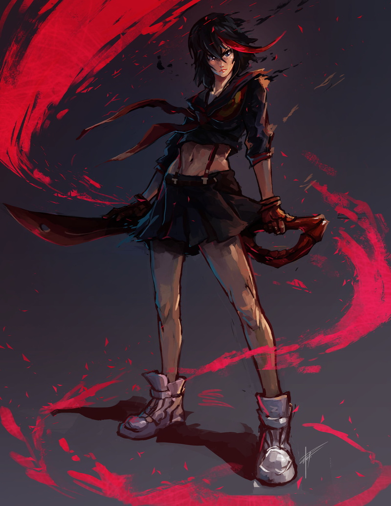 fantasy armor, black hair, fan art, short hair, multi-colored hair, Kill la Kill, Senketsu, anime girls, no bra, 2D, blue eyes, simple background, digital art