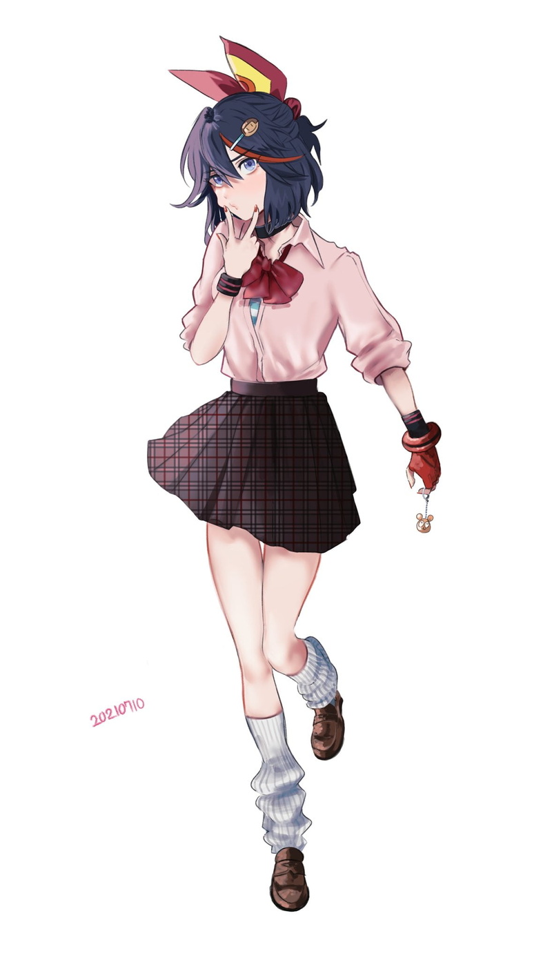 alternate outfit, redhead, bangs, bicolored hair, anime girls, fingerless gloves, tied hair, choker, blue eyes, blushing, Matoi Ryuuko, vertical, 2D, small boobs