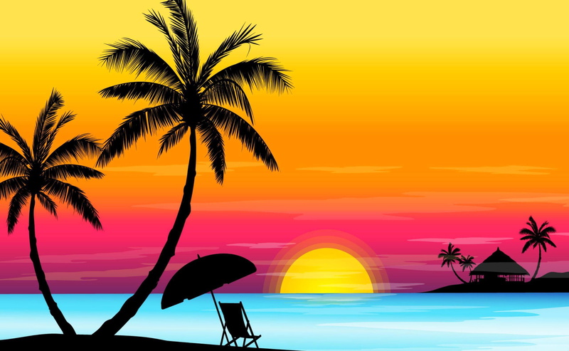 outdoors, sun, summer, no people, swimming pool, illustration, sunrise - Dawn, tranquil Scene, the sun, palm Tree, scenics, sky, travel, orange color, plant