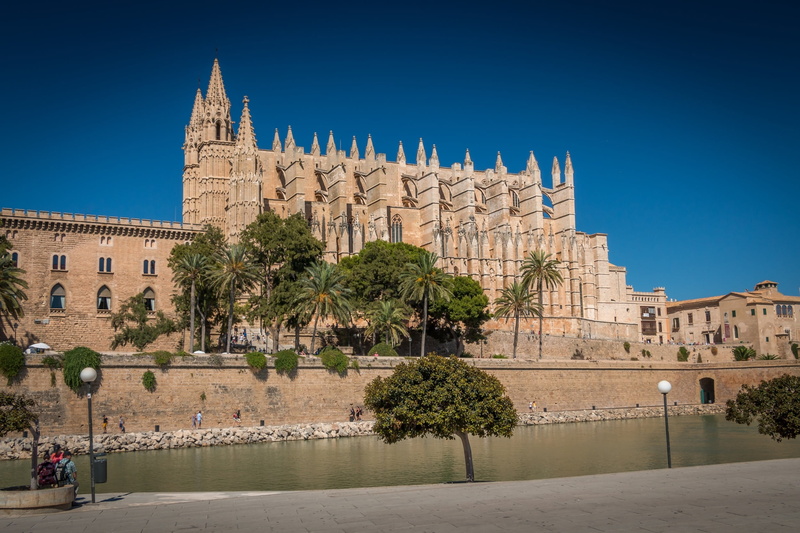 clear sky, brown, 1080P, travel destinations, history, palma cathedral, malorská cathedral, pilgrimage, plant, building, place of worship, architecture