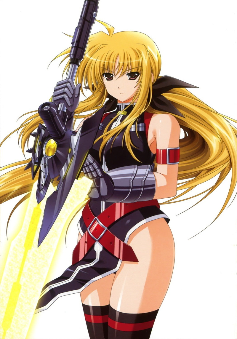 beautiful woman, Fate Testarossa, young adult, looking at camera, hair, adult, sport, three quarter length, Mahou Shoujo Lyrical Nanoha, one person, clothing