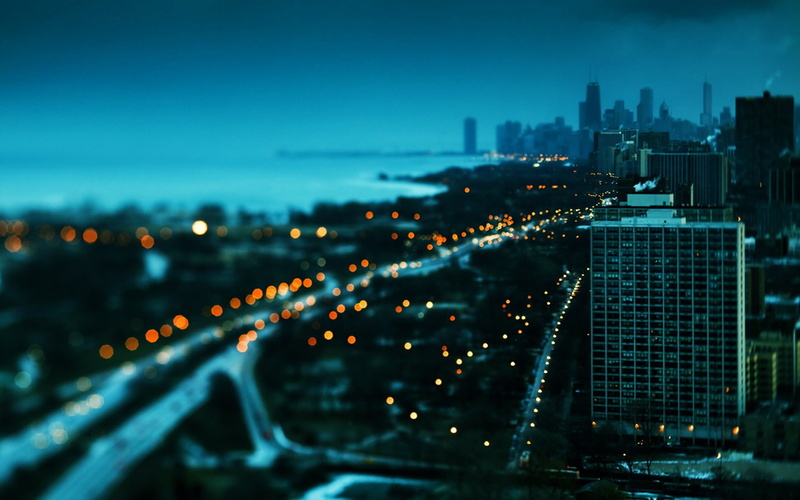 1080P, tilt shift, depth of field, evening, Chicago, USA, building, bokeh, cityscape, city lights, night