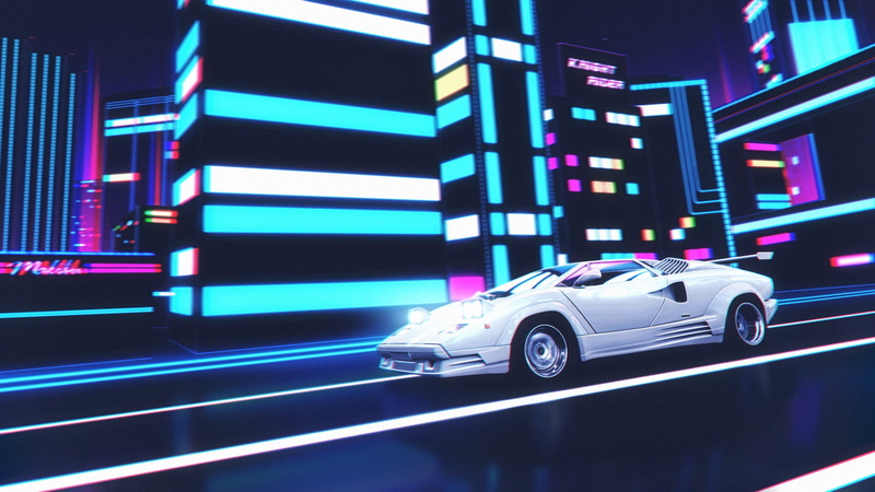 artwork, digital art, Retrowave, synthwave, 1080P, car, Lamborghini Countach, vehicle