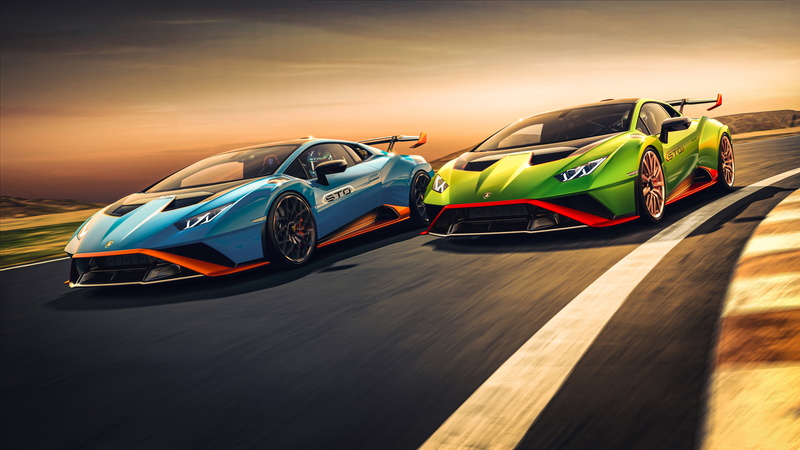 Italian Supercars, concept art, car, Lamborghini, blue cars, race tracks, vehicle, Lamborghini Huracan STO, supercars, 5K, artwork, green cars