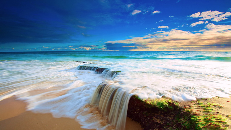 waterfall, sea, photography, wave, sunset, landscape, 1080P, beach