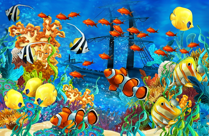 nature, school of fish, animals in the wild, large group of animals, marine, animal wildlife, group of animals, illustration, sea Anemone, wildlife, coral