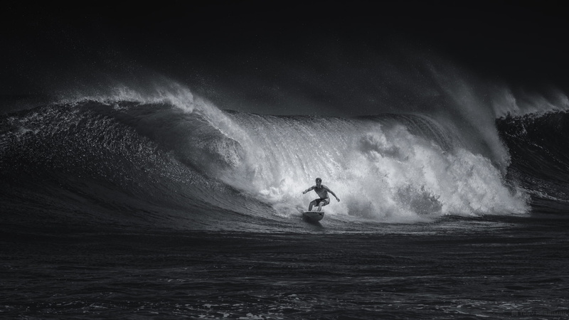 person, surfing, wave, black and white, sport, 1080P