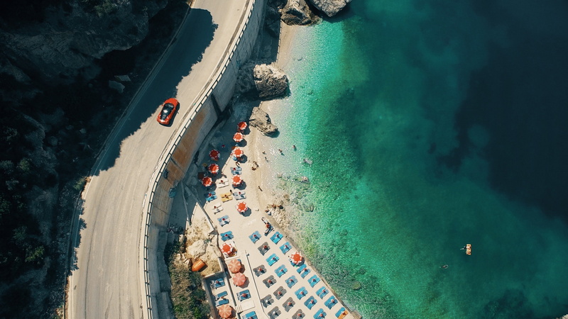 road, aerial photography, ionian sea, tree, 4K, leisure, sea, drone photography, vacation, albania, photography, albanian riviera, beach