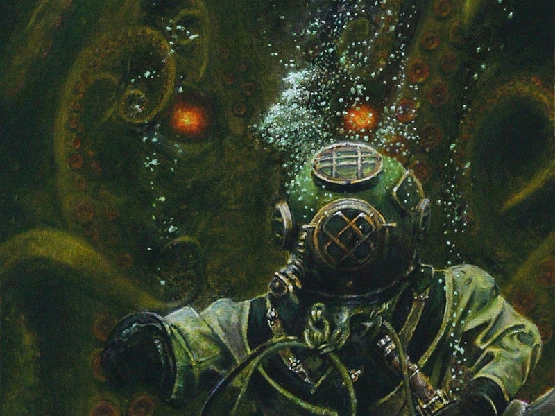 protection, portrait, men, Painting, sport, outdoors, H.P. Lovecraft, swimming, Dan Henk, waist up, one person, gas mask, adventure, mask, security, water