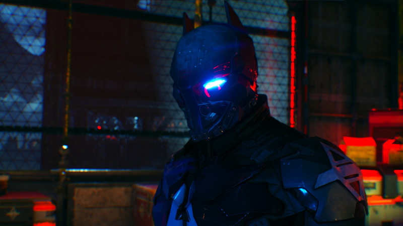 portrait, one person, focus on foreground, uniform, batman, screenshot, real people, protection, movie, night, Batman: Arkham Knight, headshot, still, city