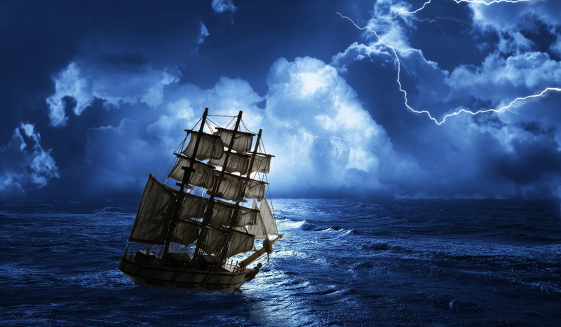 Sea storm, Sailing ship, 4K, Lightning, 4K, Moon lighting
