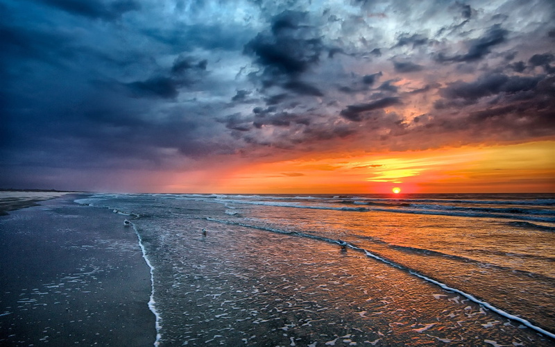 Waves, clouds, Sunset, nimbus, Birds, Sea, Coast, 1080P, Beach