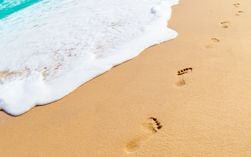 footprints, sand, brown, sea, 2K