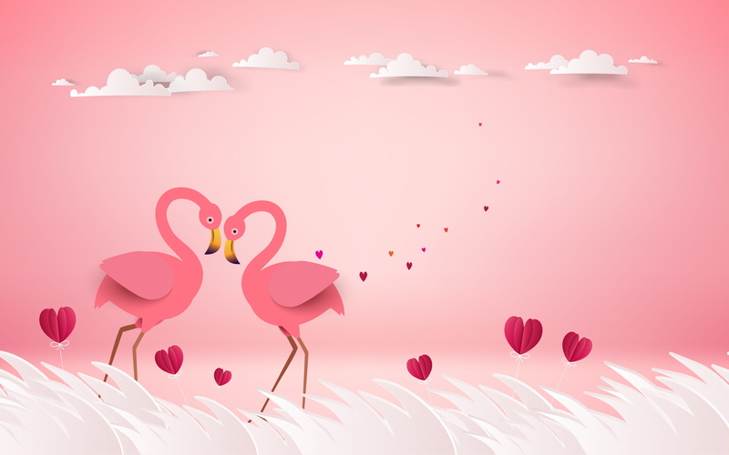 pair, love, rendering, 2K, birds, pink background, Flamingo, hearts