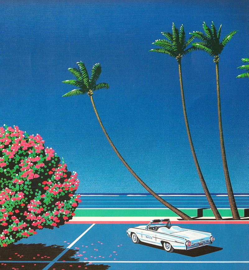 painting, 2K, Hiroshi Nagai, water, Retrowave, palm trees