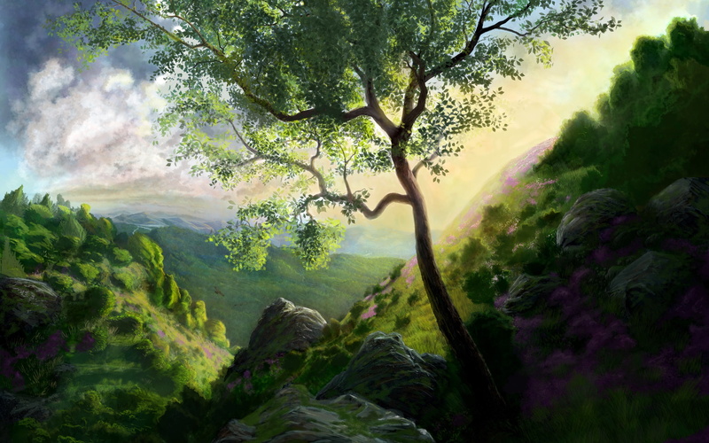 cliff, Mountain, Painting, Tree, 2K, wallpaer