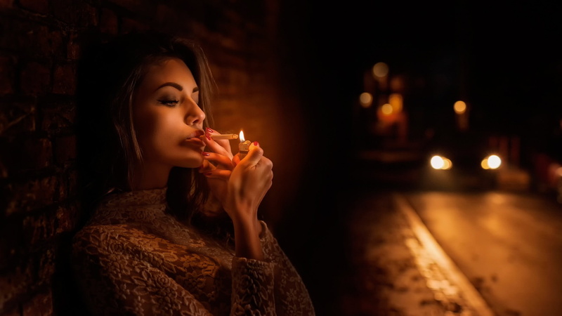 cigarette, brown, 1080P, woman, leaning, wearing, city, night, coat, girl, using, wall