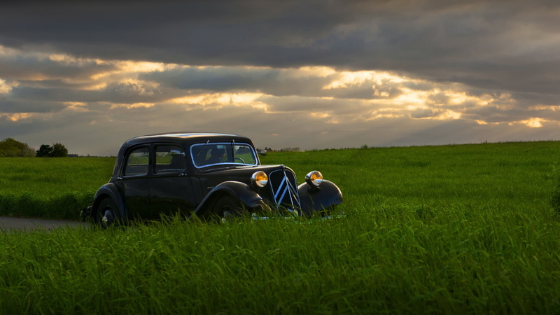 car, sunset, 2K, field, Retro style, Citroën