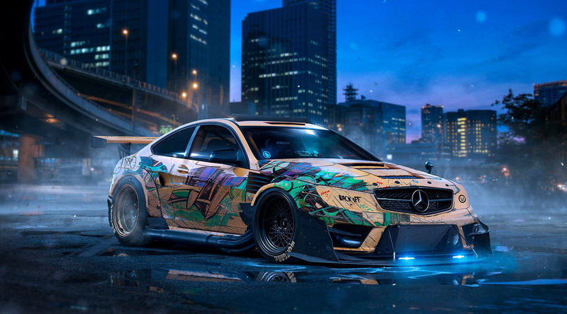 1080P, car, drift, city, Mercedes Benz, neon, Khyzyl Saleem