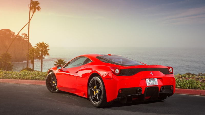 sunlight, red cars, sea, coupe, Ferrari, sky, tree, speed, road, luxury, transportation, travel, mode of transportation, plant, wheel, convertible, wealth