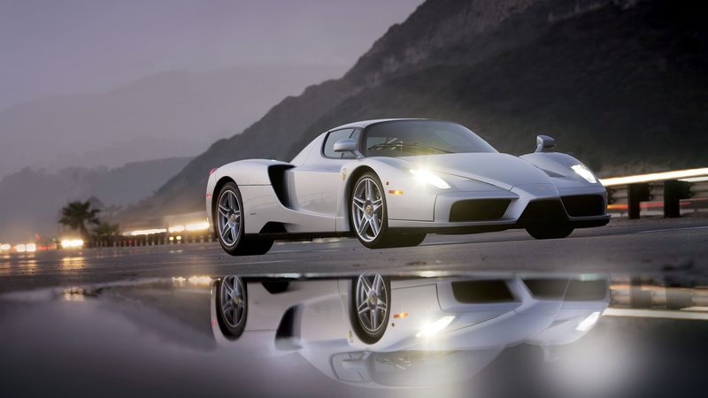 land vehicle, nature, car, mountain range, sky, outdoors, lake, no people, silver, waterfront, Ferrari Enzo, reflection, reflective, headlight, beauty in nature