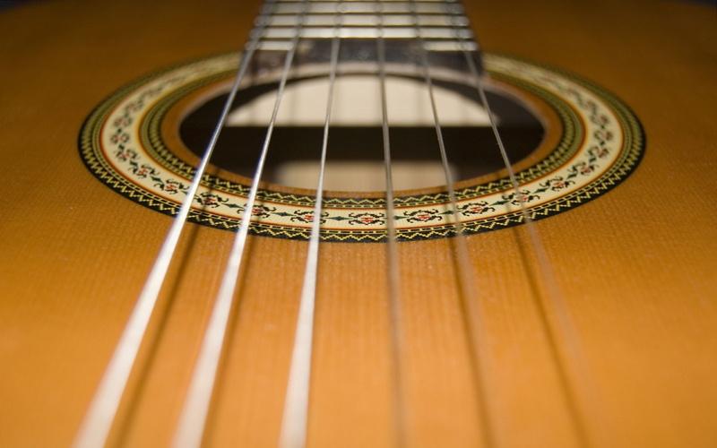 string, acoustic guitar, strings, music, still life, 2K, close-up, high angle view, six, guitar, indoors, focus on foreground, musical instrument, fretboard