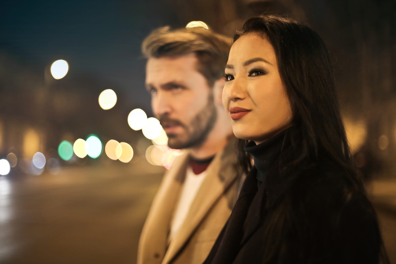 road, heterosexual couple, men, woman, young women, male, 25-30 years, pretty, light, beige jacket, young adult, asian, outdoors, two people, 2K, street