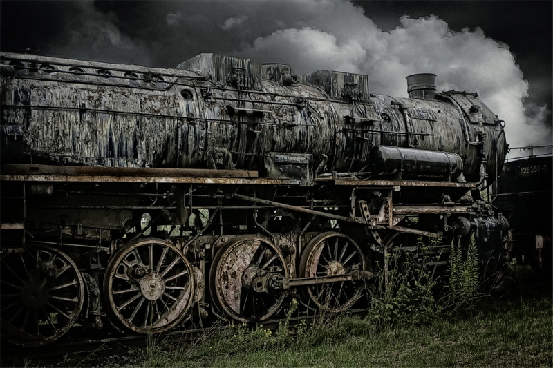 sky, steam powered, field, outdoors, transportation, air pollution, historically, railway, run-down, old, deterioration, steam locomotive, transport, loco
